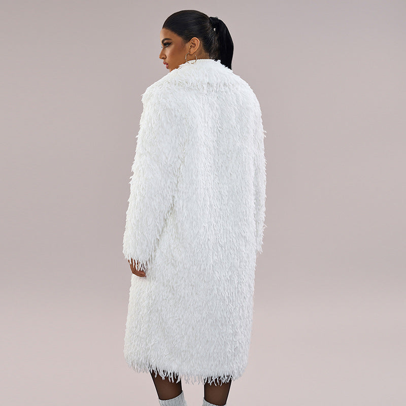 White faux fur long coat, rear view, shaggy fabric with fringe hem