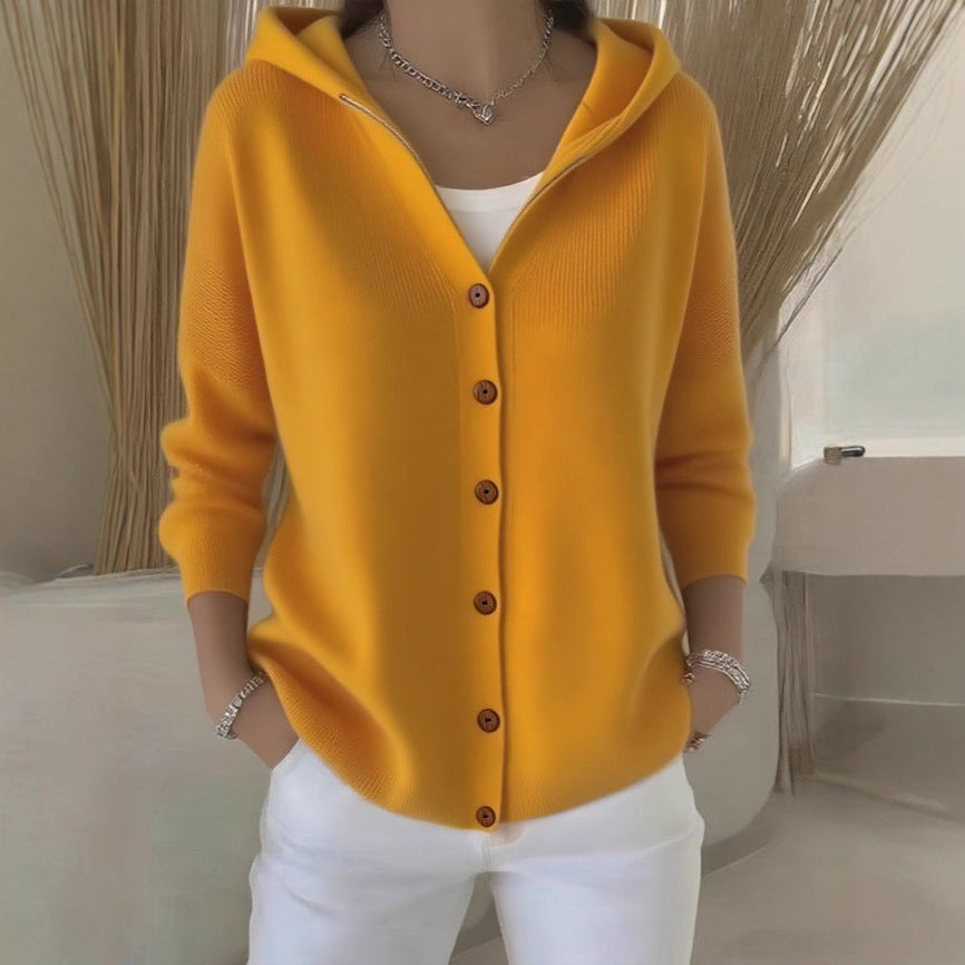 Mustard yellow hooded knit cardigan with button-front placket and long sleeves
