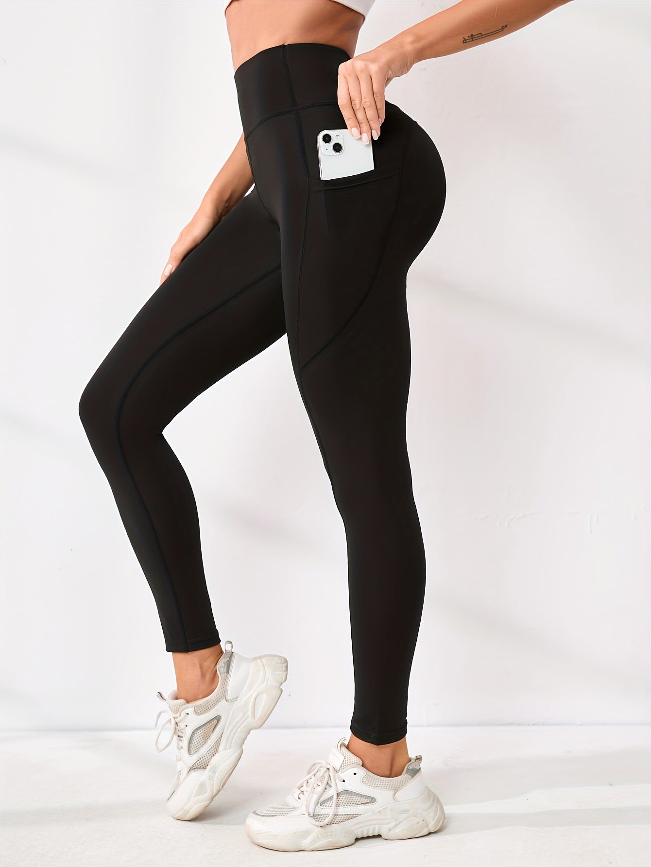 Black Leggings with Side Pockets for Women — High Waisted Tummy Control Yoga Fit