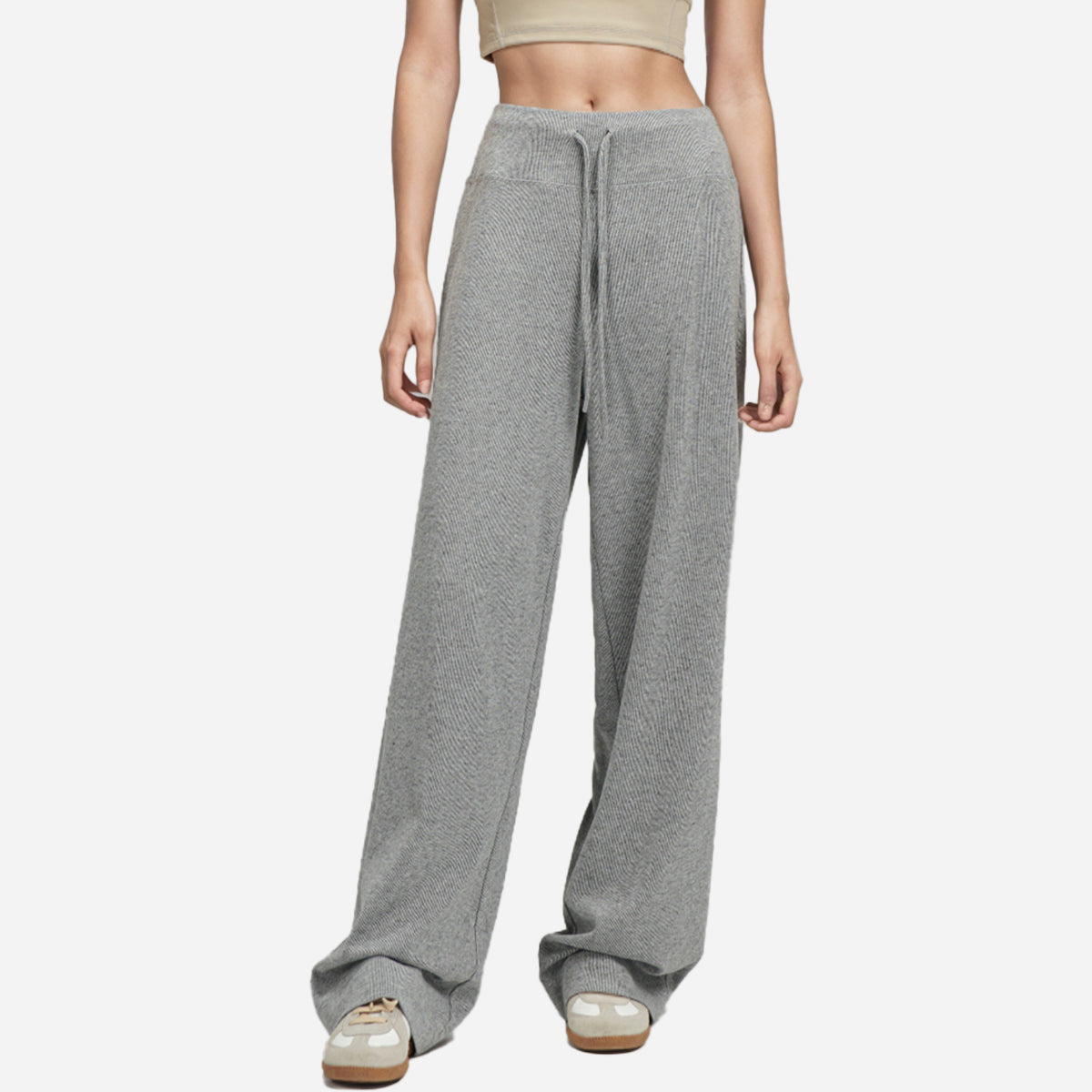 Gray knit lounge pants, straight wide legs and front drawstring