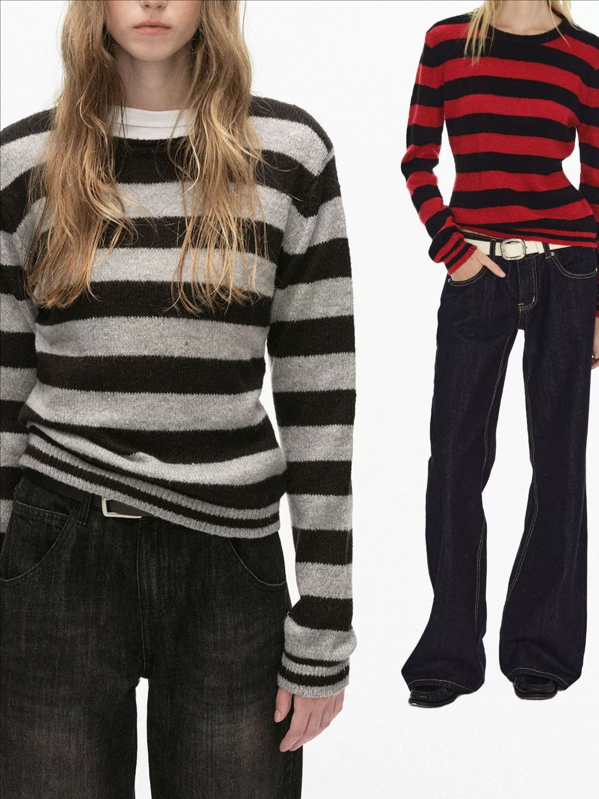 Striped Crewneck Sweater for Women — Fitted Ribbed Knit Pullover in Wool Blend