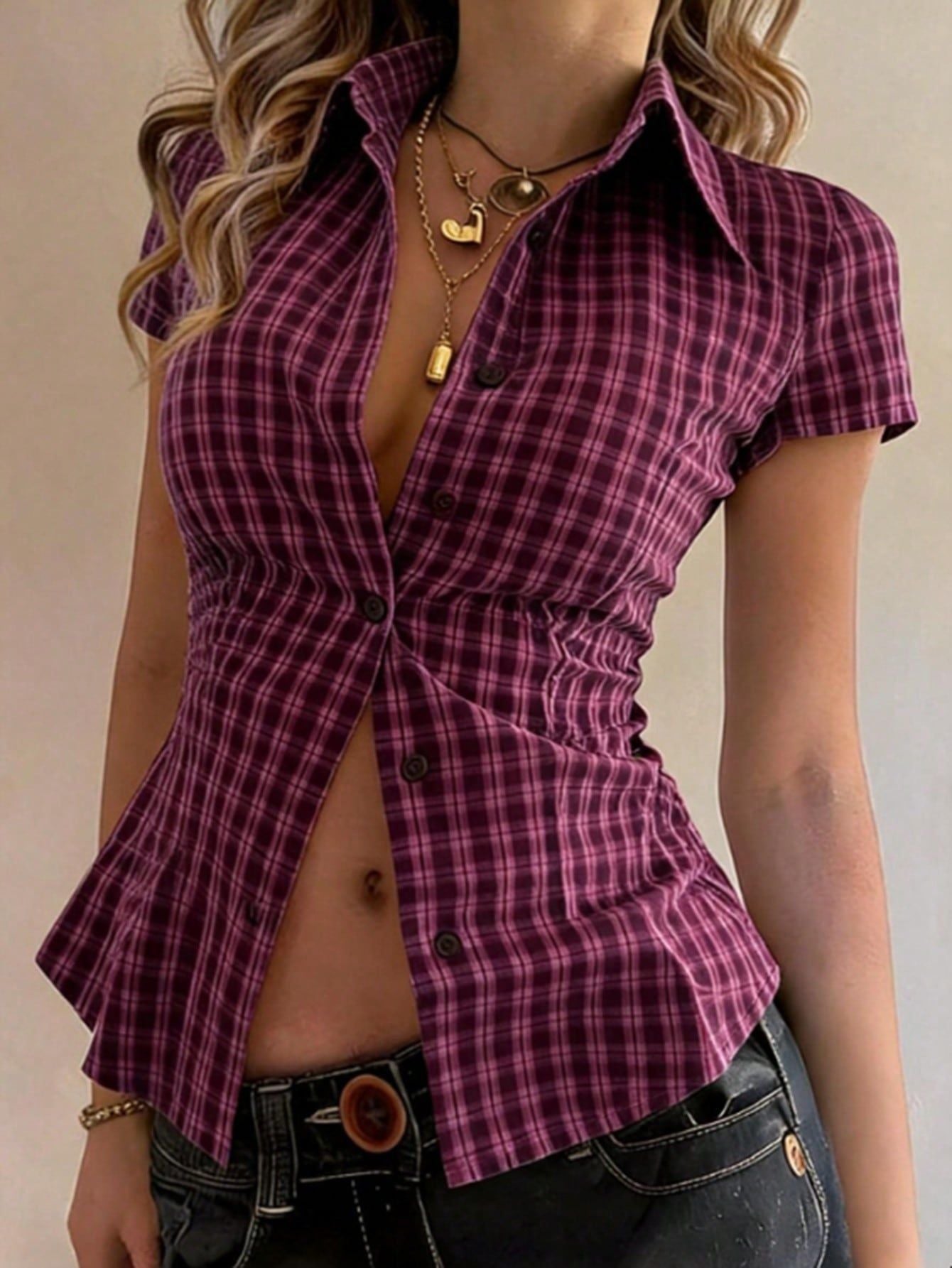 Plaid Short Sleeve Blouse for Women — Fitted Retro Button Front Top in Cotton