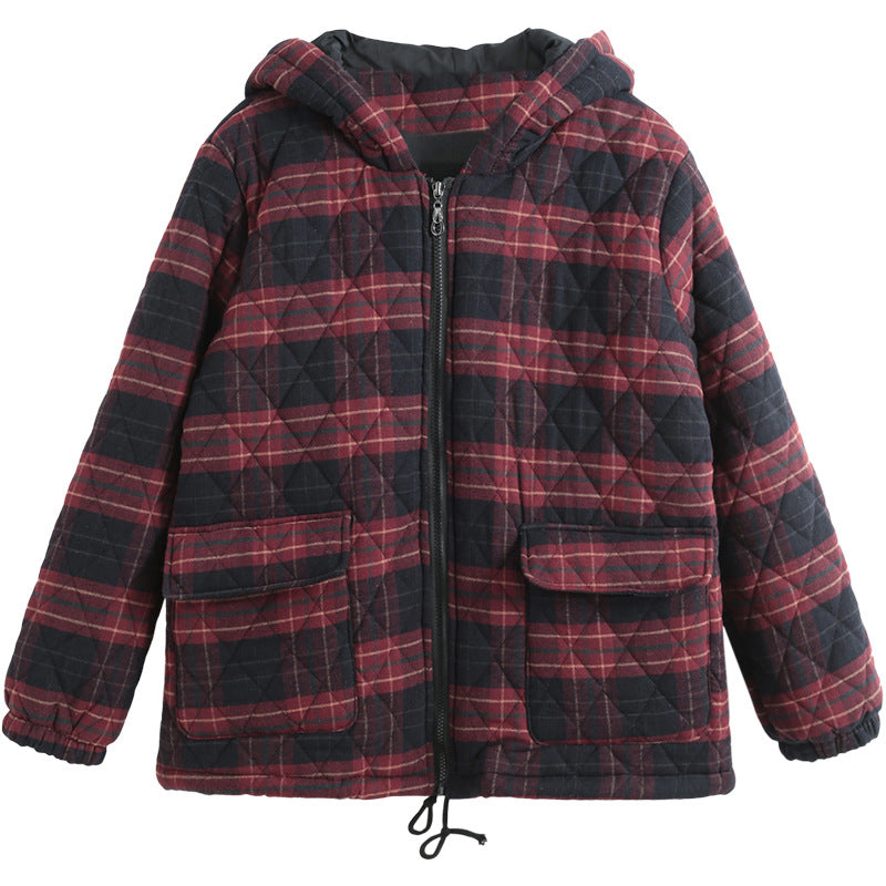 Plaid puffer jacket with attached hood, dark base and burgundy-red plaid, front zipper