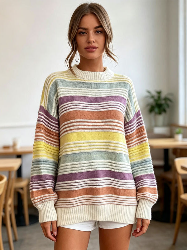 Oversized Striped Sweater for Women — Color Block Mock Neck Knit in Soft Cotton