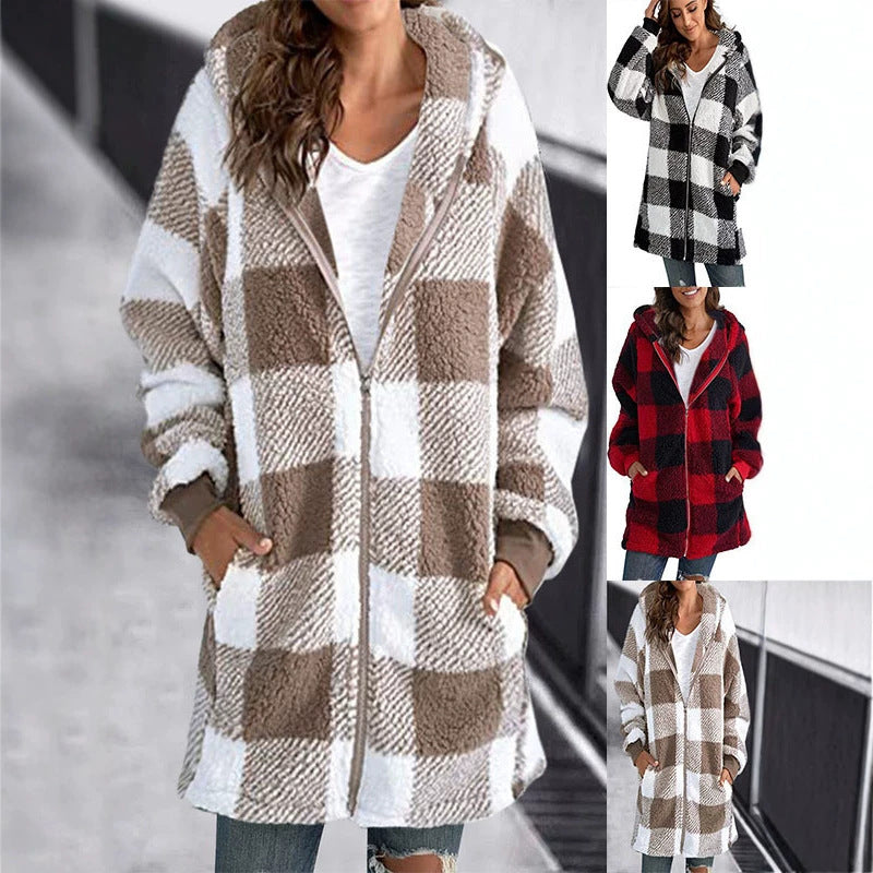 Women's plush plaid hooded zip-up jacket in tan and white, front pockets