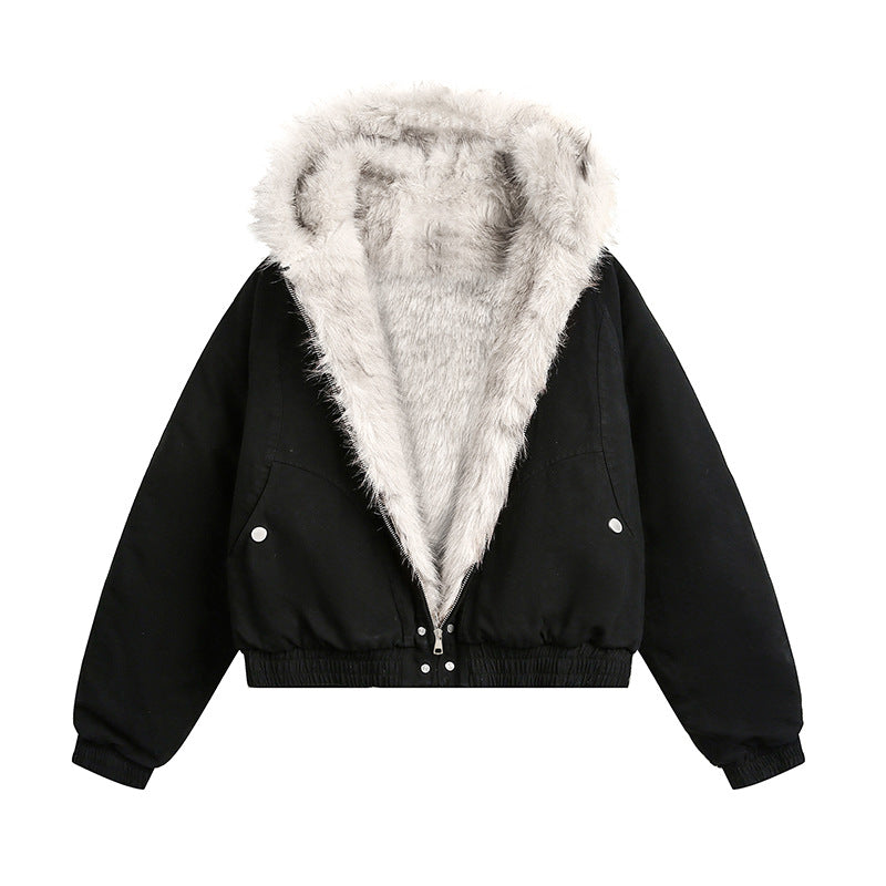 Black short winter jacket with thick faux fur hood trim and zipper closure
