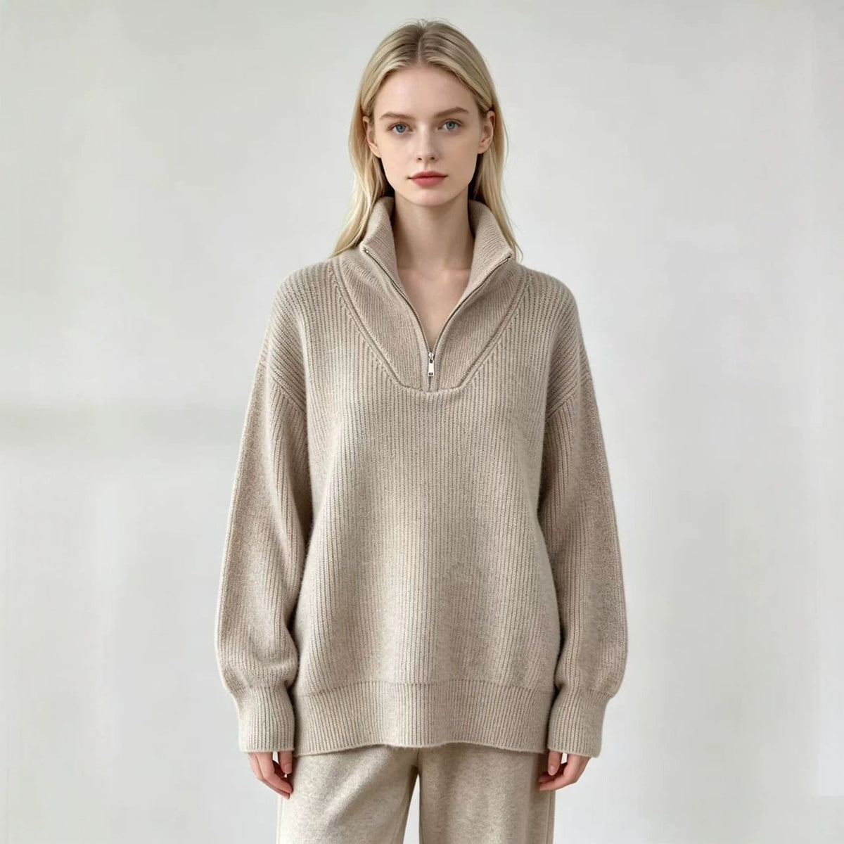 Women’s knit half-zip sweater with turn-down collar, khaki beige, relaxed fit