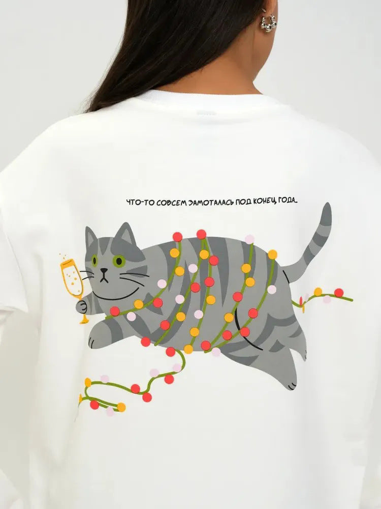 Graphic Long Sleeve Top for Women — Oversized Cat Print Tee in Pure Cotton
