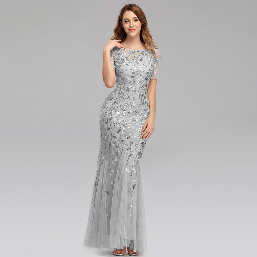 Women's mesh sequin fishtail evening dress, short sleeves, scoop neck, silver-gray
