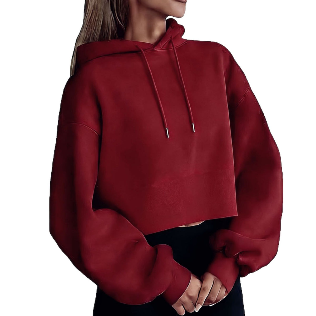 Wine red cropped hooded sweatshirt with drawstring hood and long sleeves