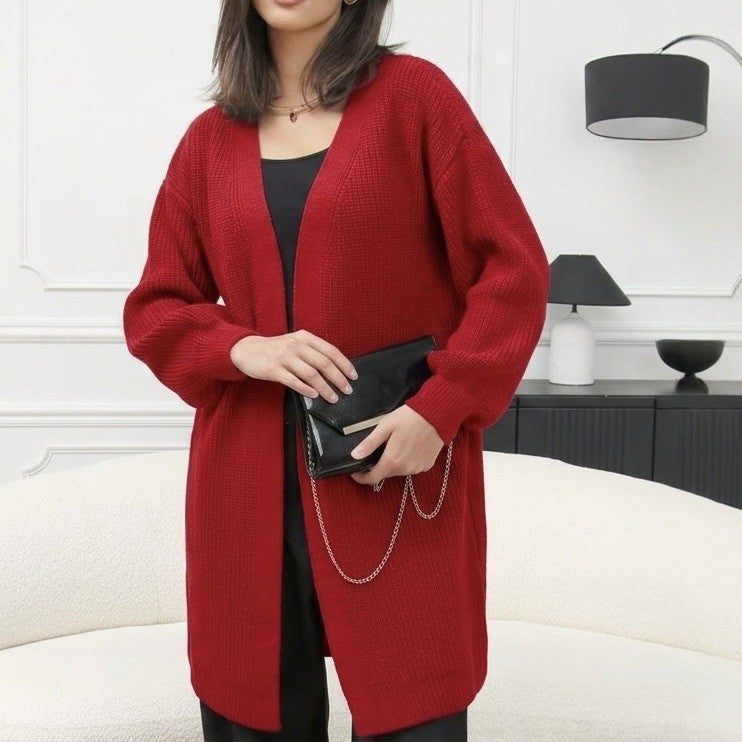Red long knit cardigan with open front and ribbed cuffs