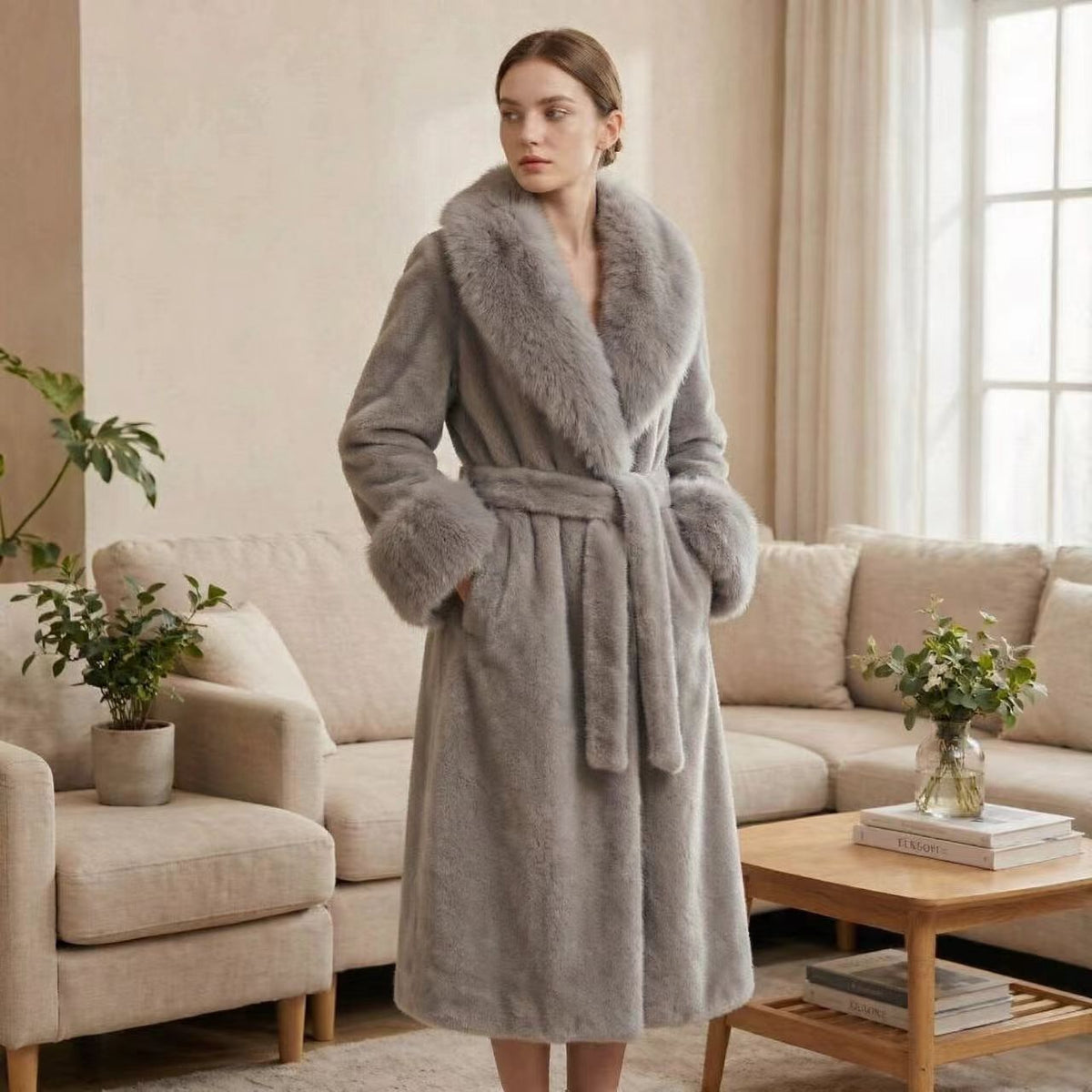 Light gray faux leather trench coat with fur collar, long belted waist and cuffs