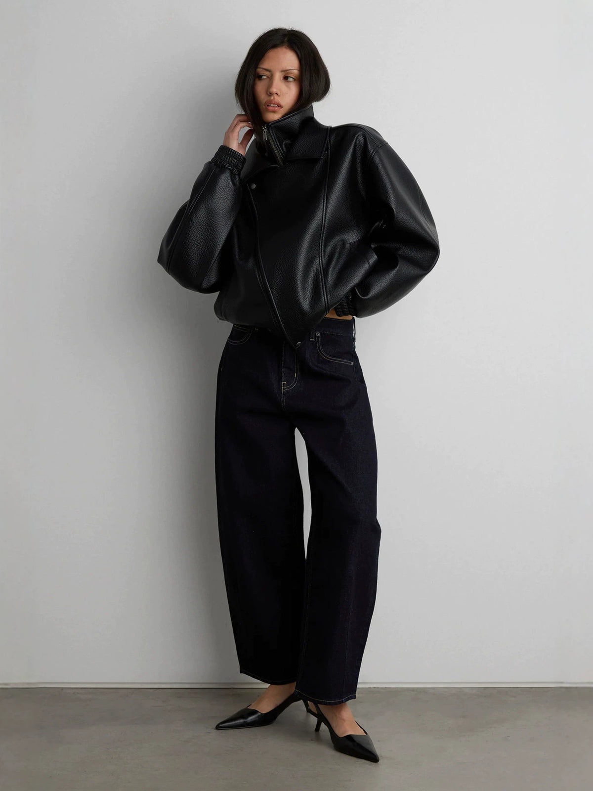 Faux Leather Jacket for Women — Oversized Cropped Moto with an Asymmetric Zip