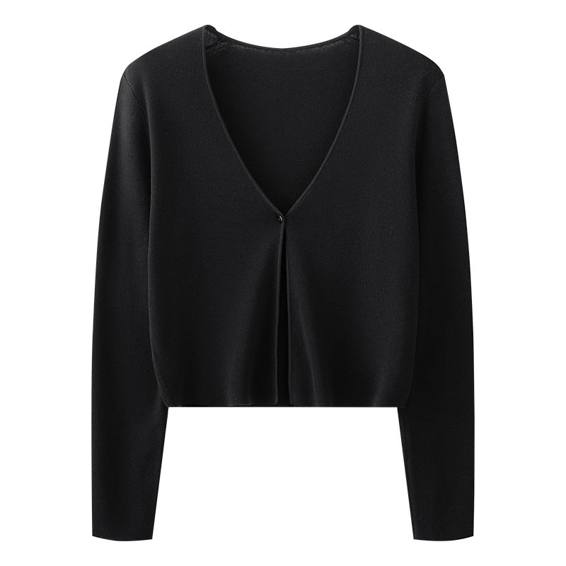 V-neck cropped cardigan for women, lightweight long sleeves with one-button front, black