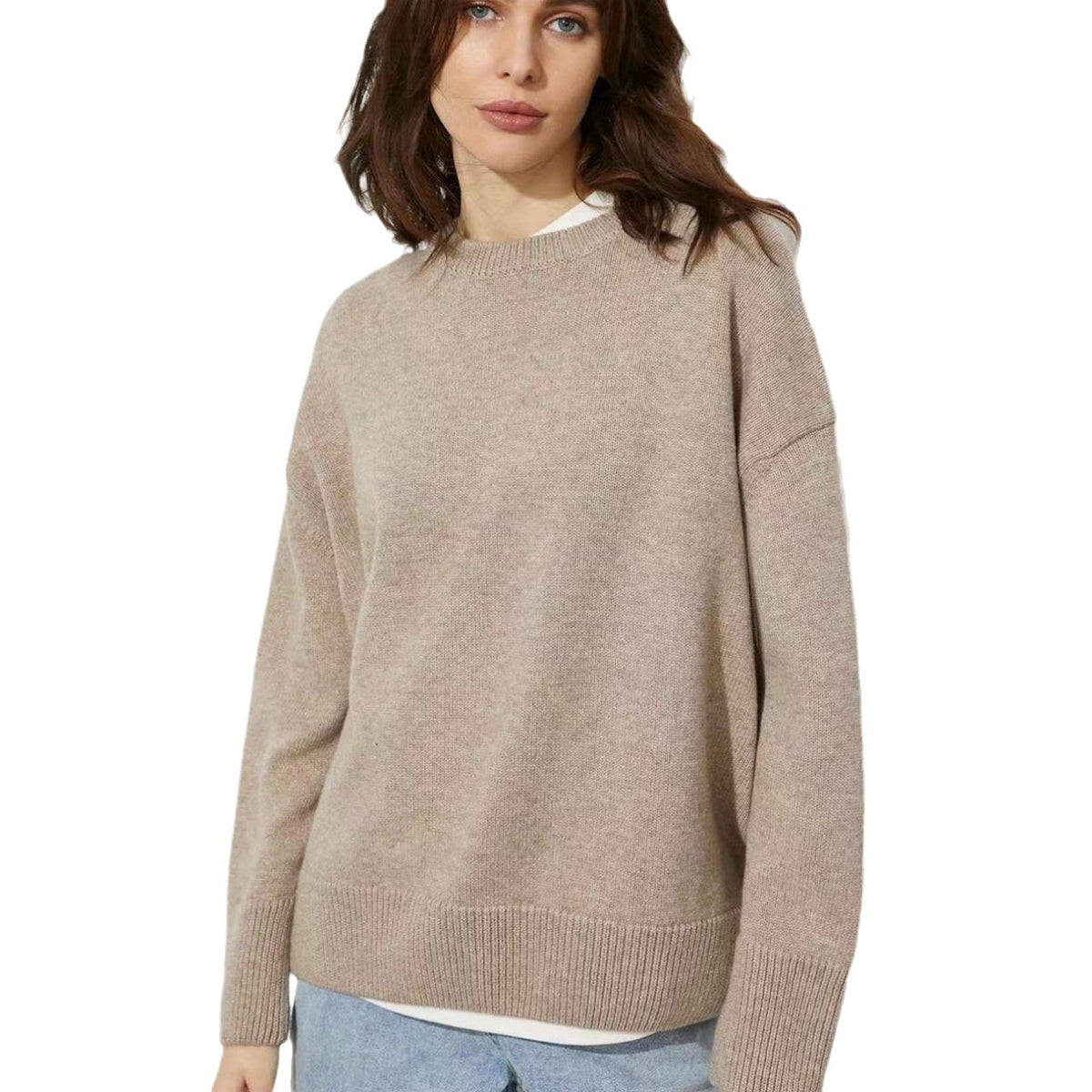 Beige crew-neck sweater with a relaxed fit and ribbed cuffs and hem