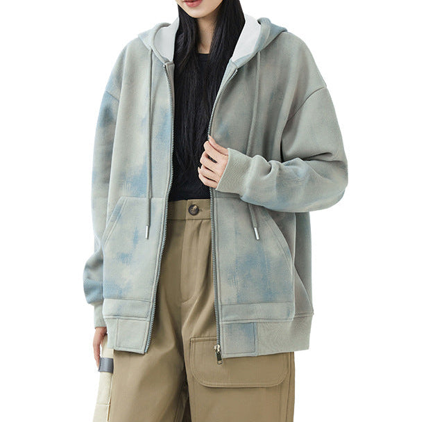 Light blue-gray hooded zip cardigan sweatshirt with drawstring hood and front pockets