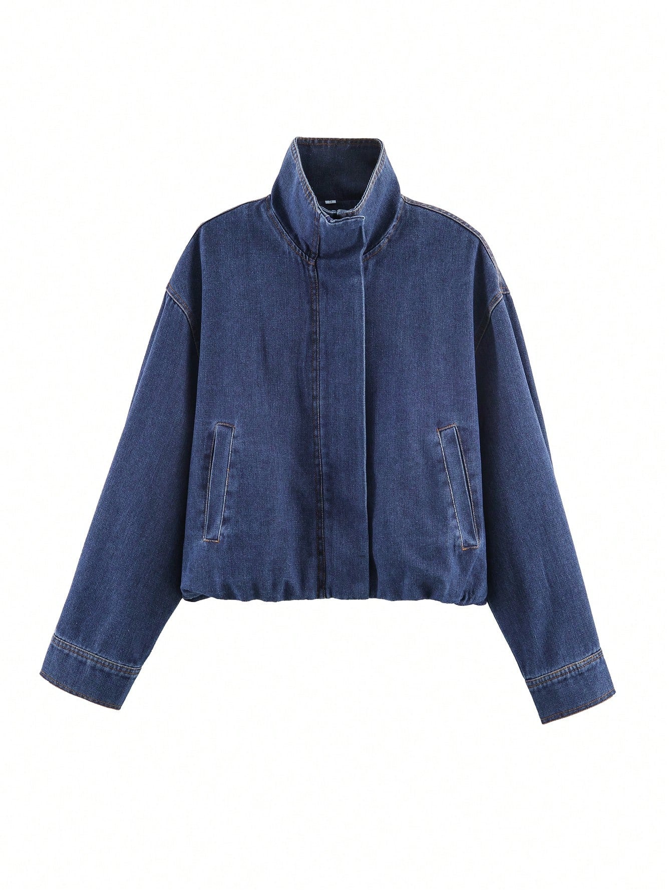 Cropped Denim Jacket for Women — Oversized Zip-Up Style with Elastic Hem