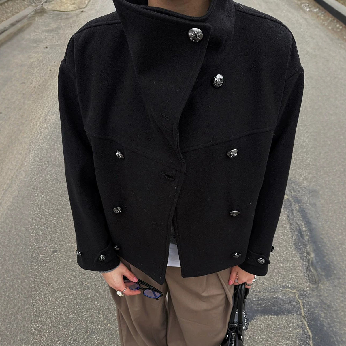 Pea Coat for Women — Short Double Breasted Wool with an Oversized Funnel Collar