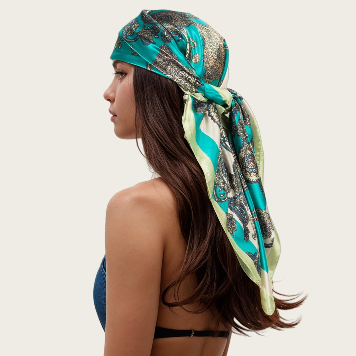 Satin square scarf for head in teal green with multicolor paisley floral print
