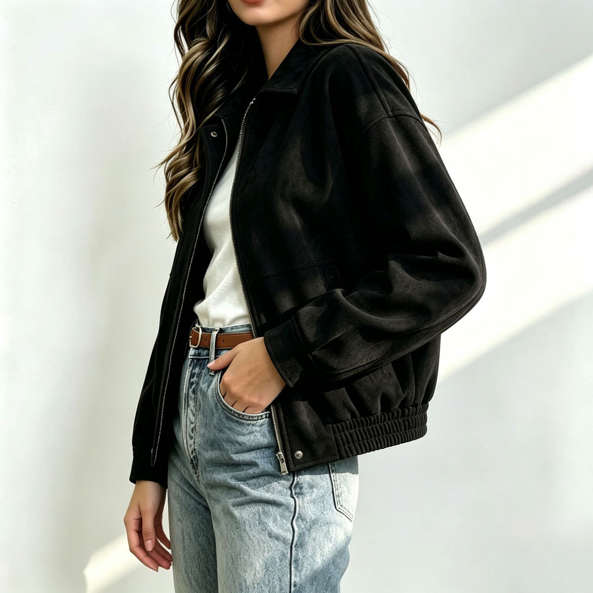Black suede lapel zipper jacket with front zipper closure and ribbed cuffs