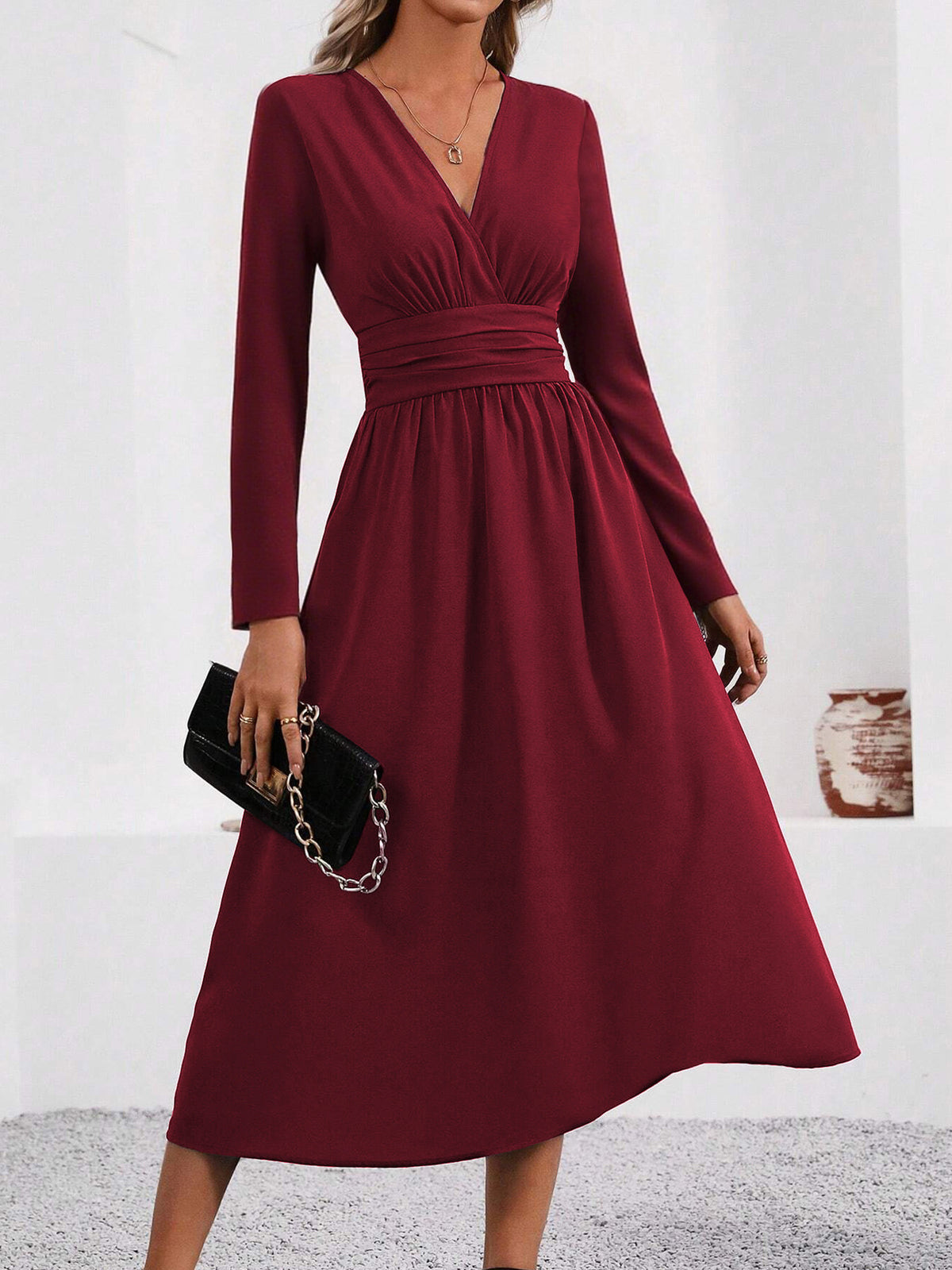 Long Sleeve Midi Dress — Surplice V Neck Pleated Style in Soft Woven Crepe