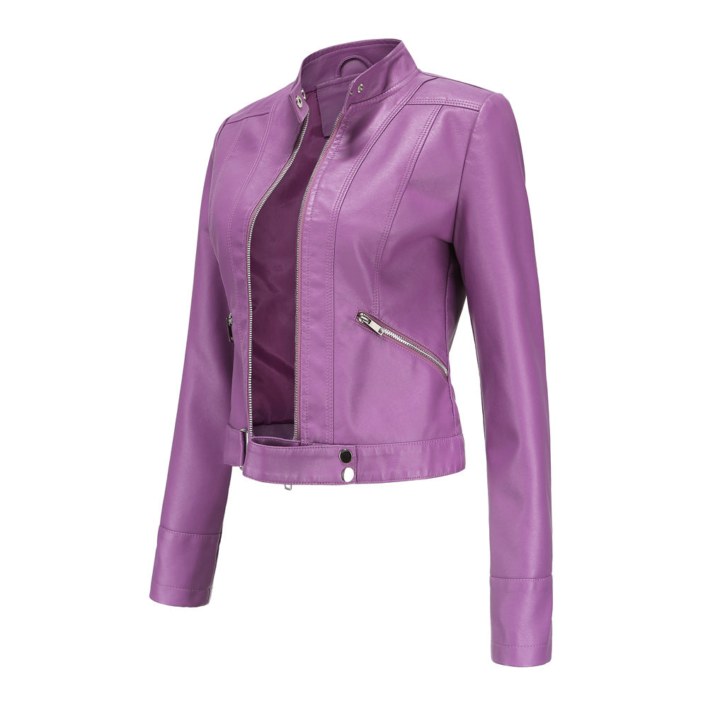 Women’s cropped faux leather biker jacket in purple with zip front and waist tabs