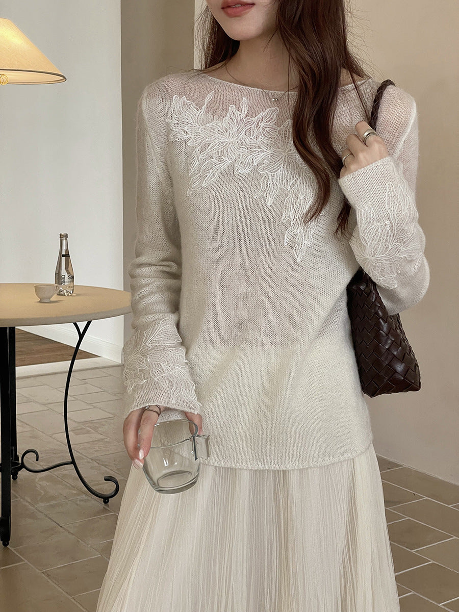 Long-sleeve knit top with floral embroidery, off-white, textured cuffed sleeves