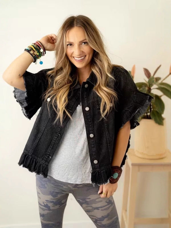Women's black denim top with ruffled short sleeves and frayed button-front hem