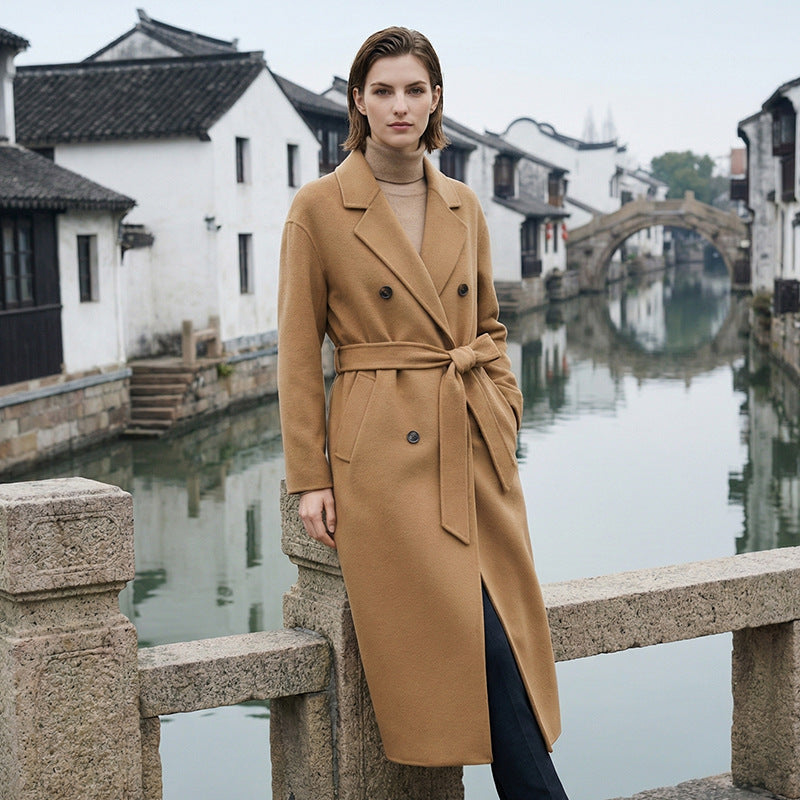Women’s long double-breasted wool coat with tie belt, tan
