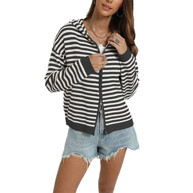 Black-and-white striped hooded knit zip cardigan with ribbed trim