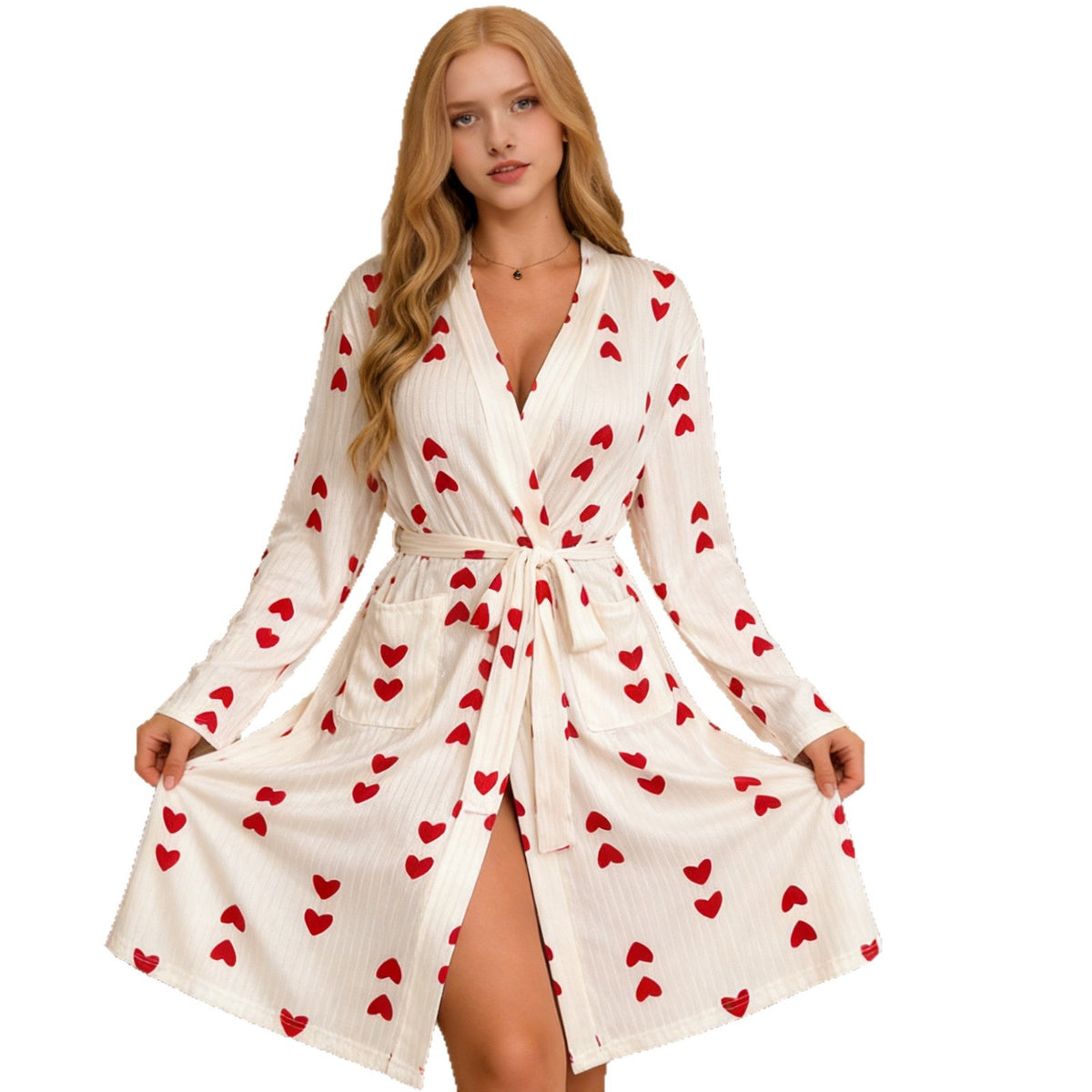 Women’s white long robe with red heart print, long sleeves, V-neck, waist tie
