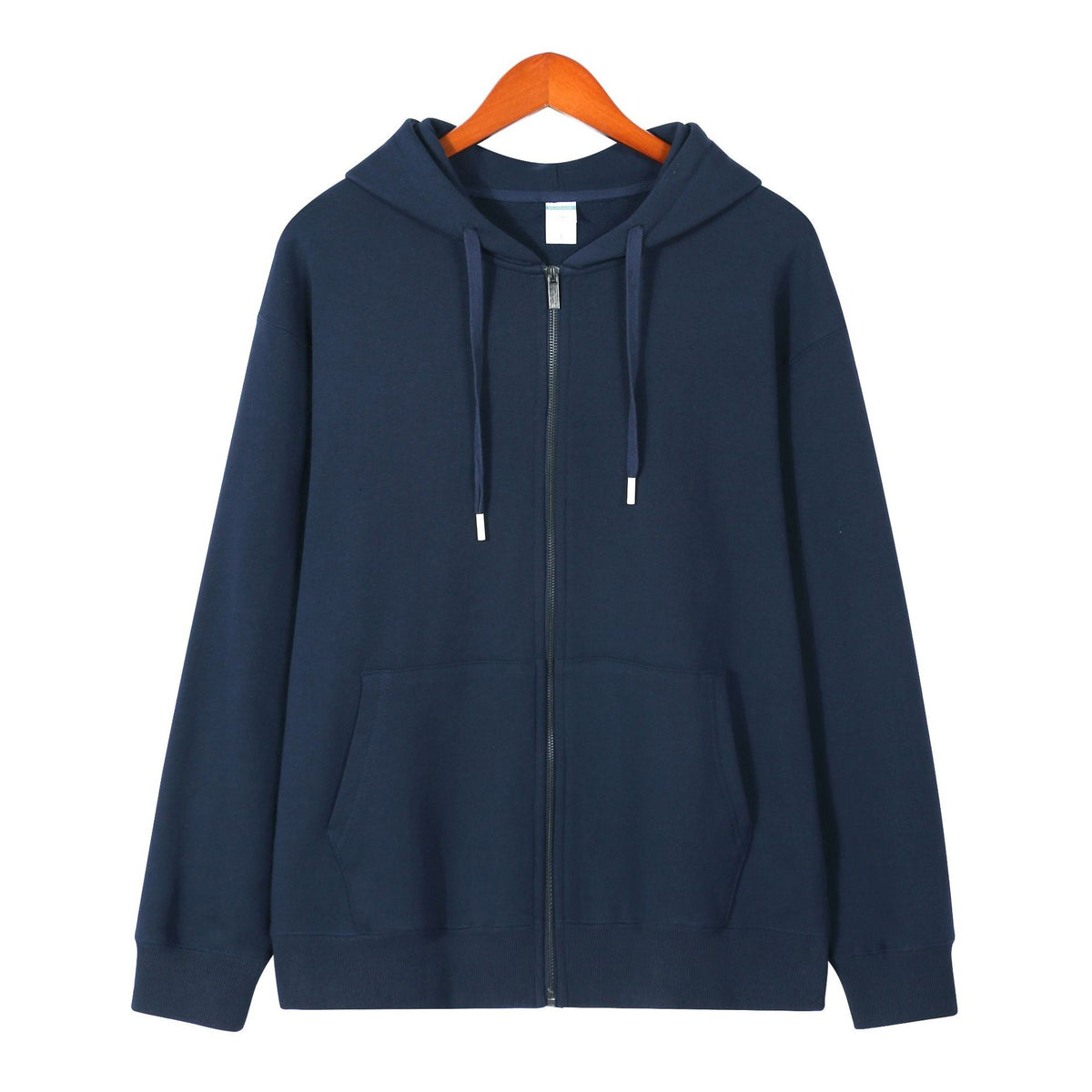 Women’s cashmere zip-up hoodie in navy blue, brushed knit with hood and front pockets