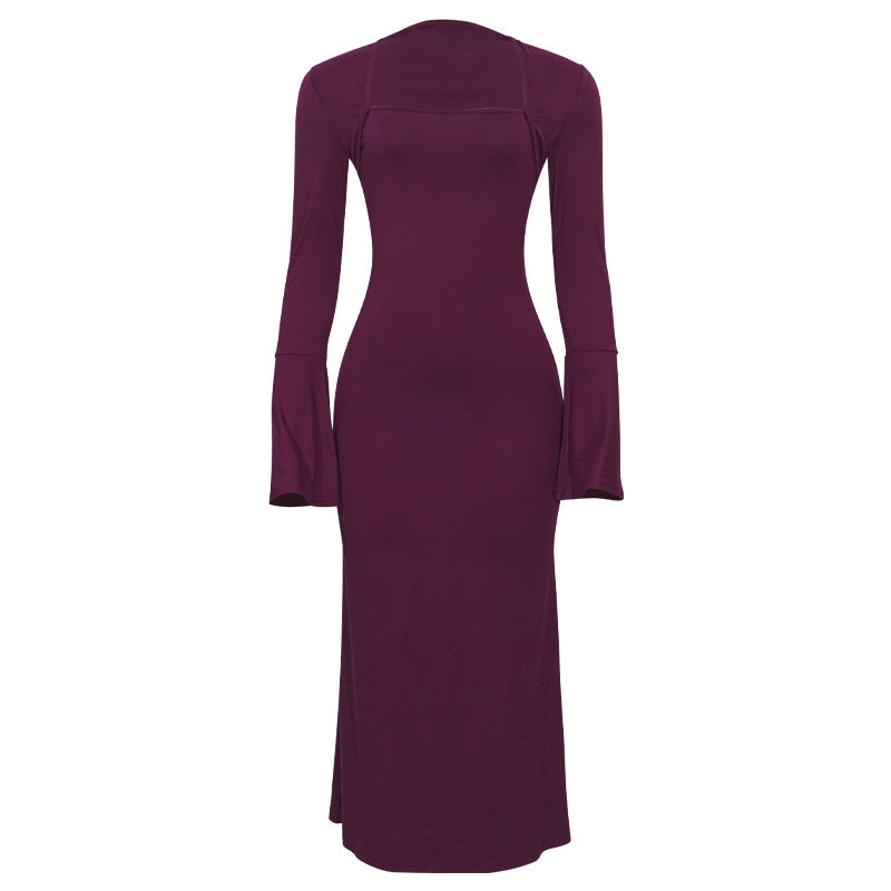 Dark purple midi knit dress back view with long sleeves and flared cuffs