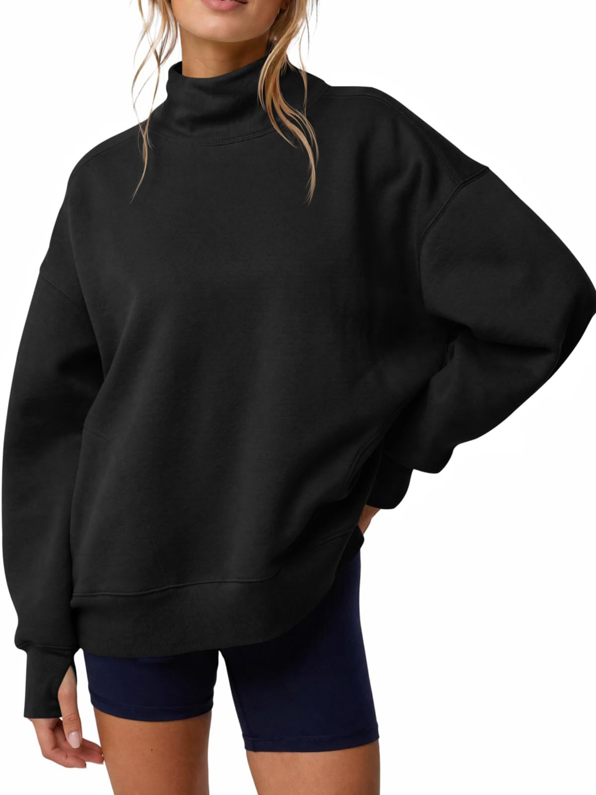 Women’s high-neck loose pullover sweatshirt, solid black