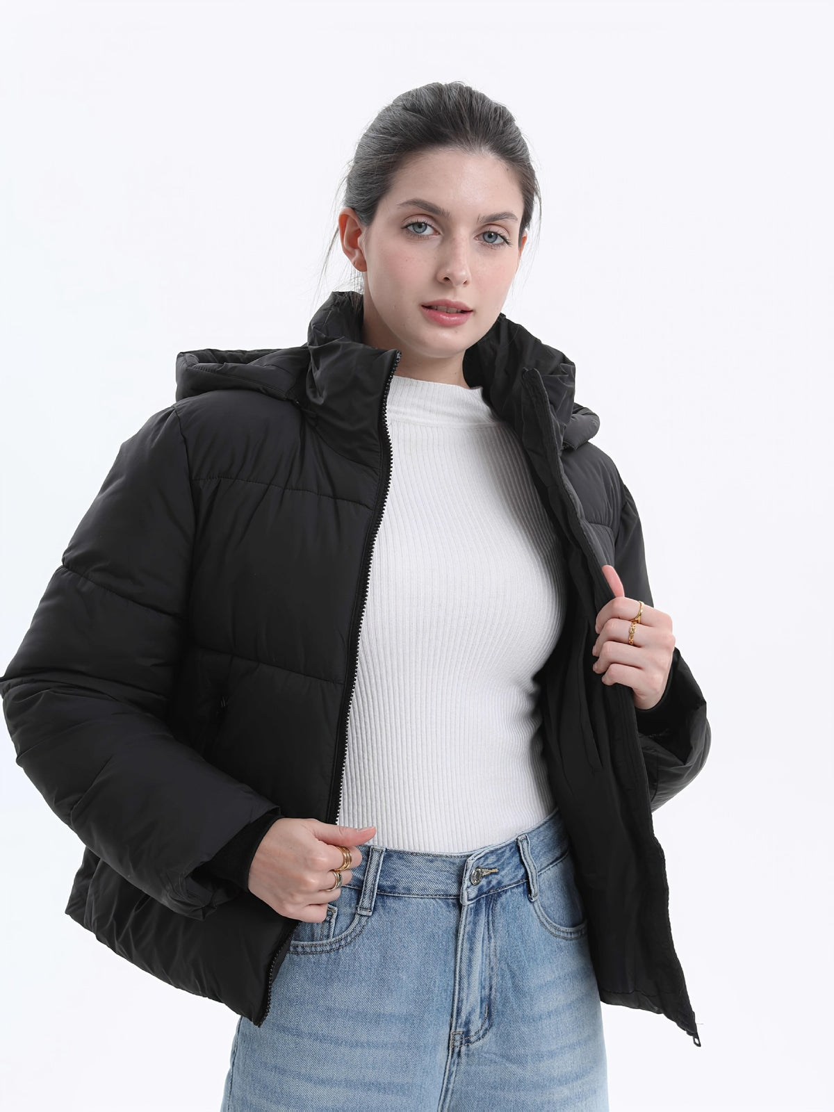Black hooded windproof puffer coat with front zip and side pockets