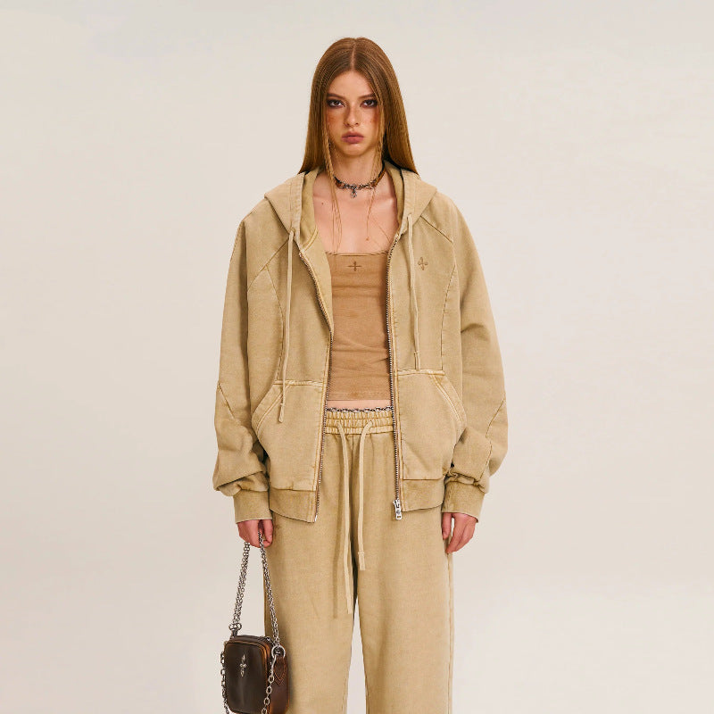 Beige zip-up hooded sports hoodie jacket with drawstring hood and front zipper
