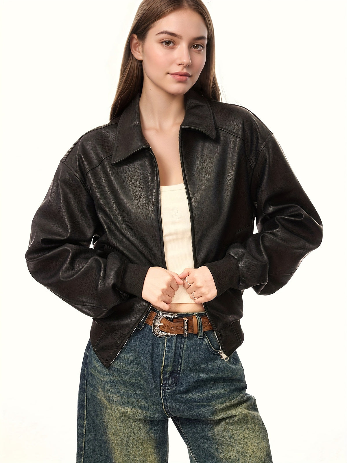 Women’s black PU leather zip-up jacket with lapel collar, front view, long sleeves