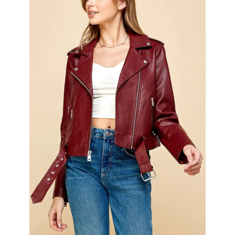 Women's short PU leather jacket, wine-red biker style with zip front and lapels