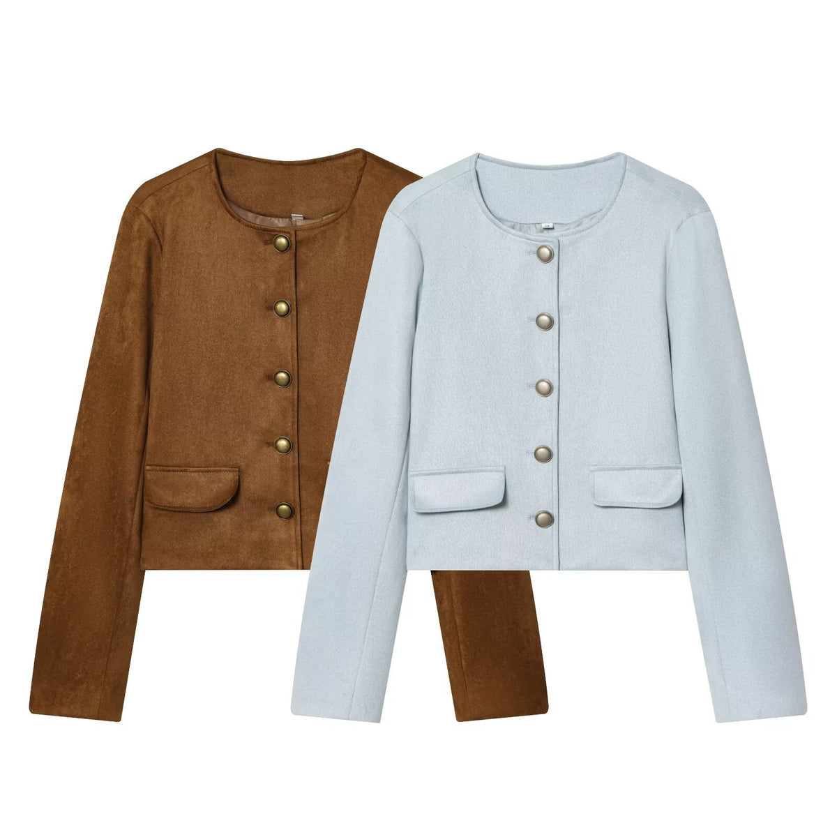 Two boiled wool jackets, brown and light blue, collarless button front, patch pockets