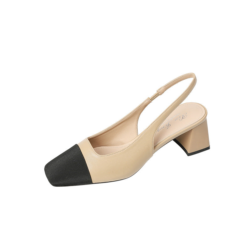 Women’s color-block square-toe slingback chunky heel sandal, beige with black toe