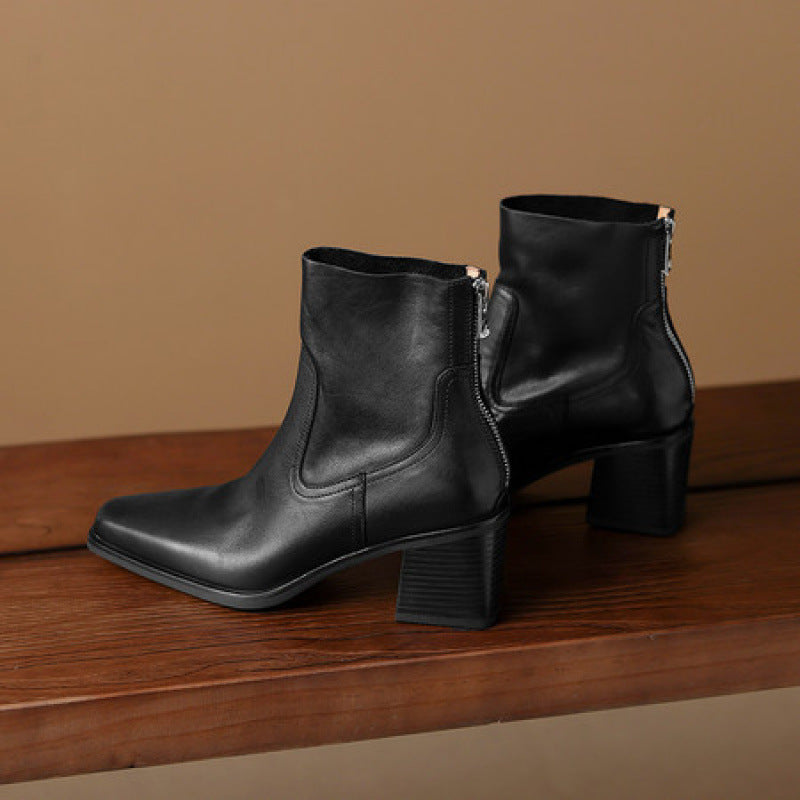 Leather Ankle Boots for Women — Square Toe with Stacked Block Heel and Back Zip
