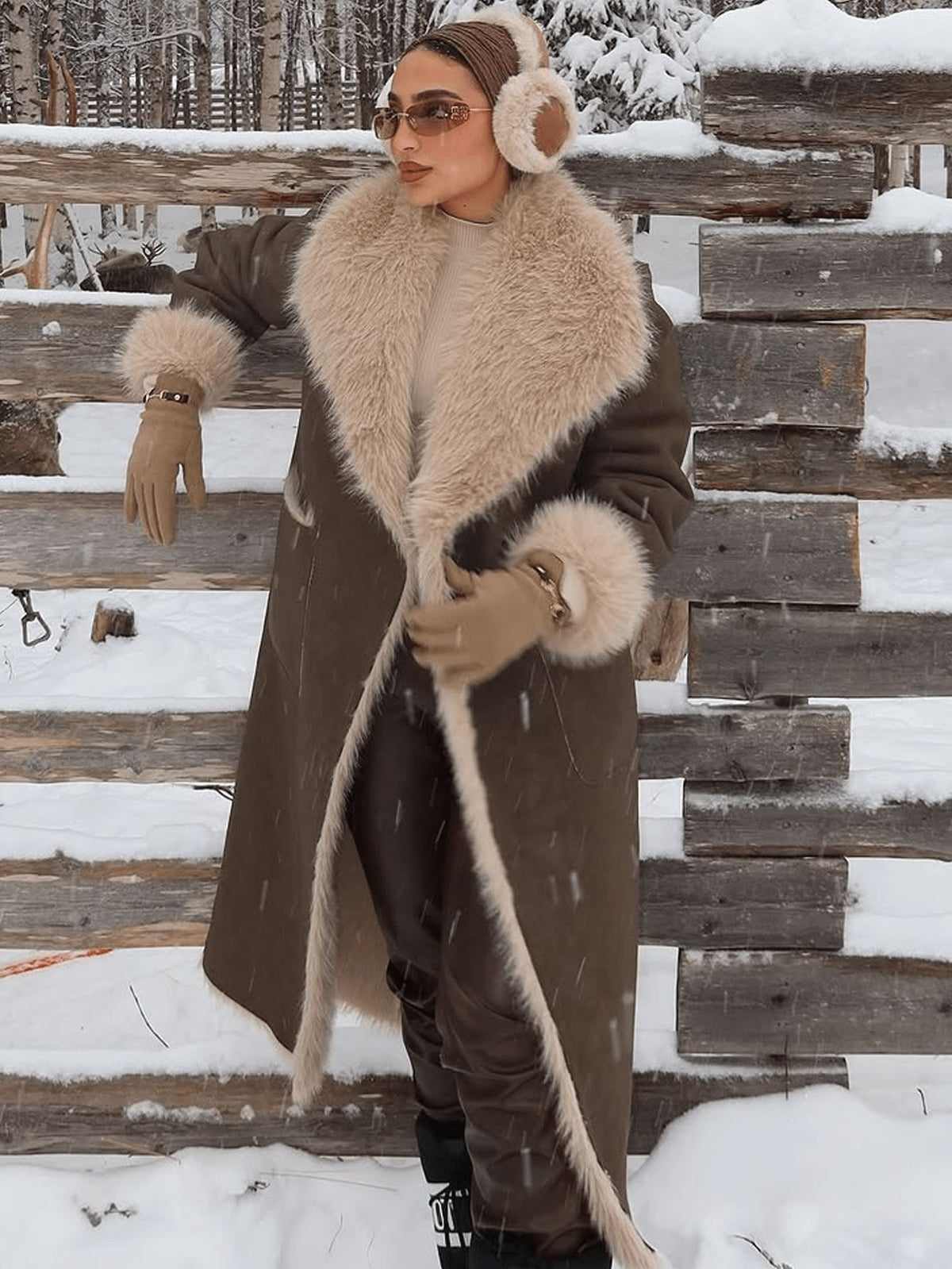 Shearling Coat for Women — Long Faux Suede with Oversized Faux Fur Collar and Cuffs