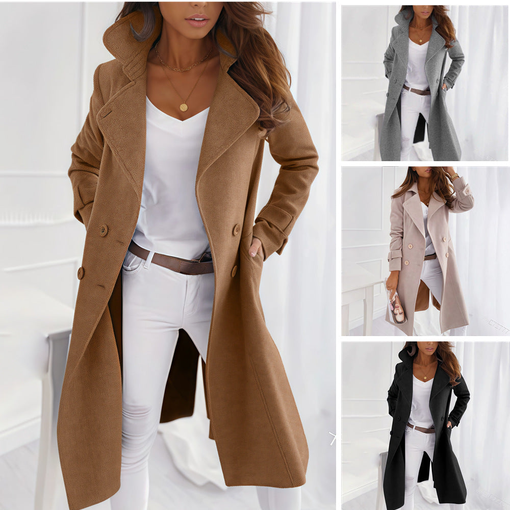 Women's long wool coat, brown with notch lapels and double-breast button front
