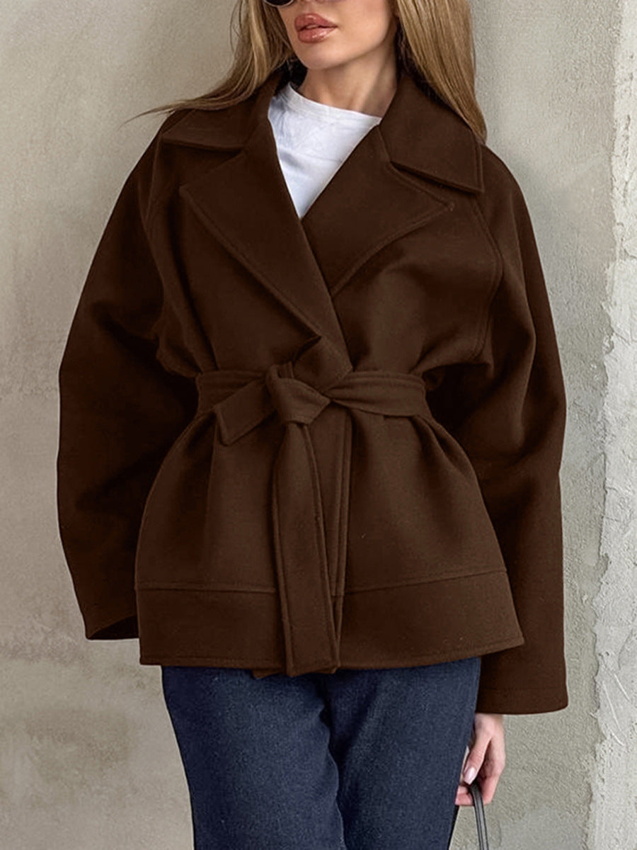 Wool Coat for Women — Short Belted Wrap Style with Notch Lapel and Dropped Shoulders