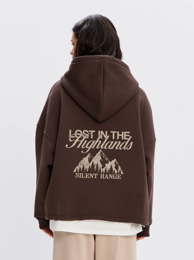 Women's brown hooded pullover sweatshirt with large back print and kangaroo pocket