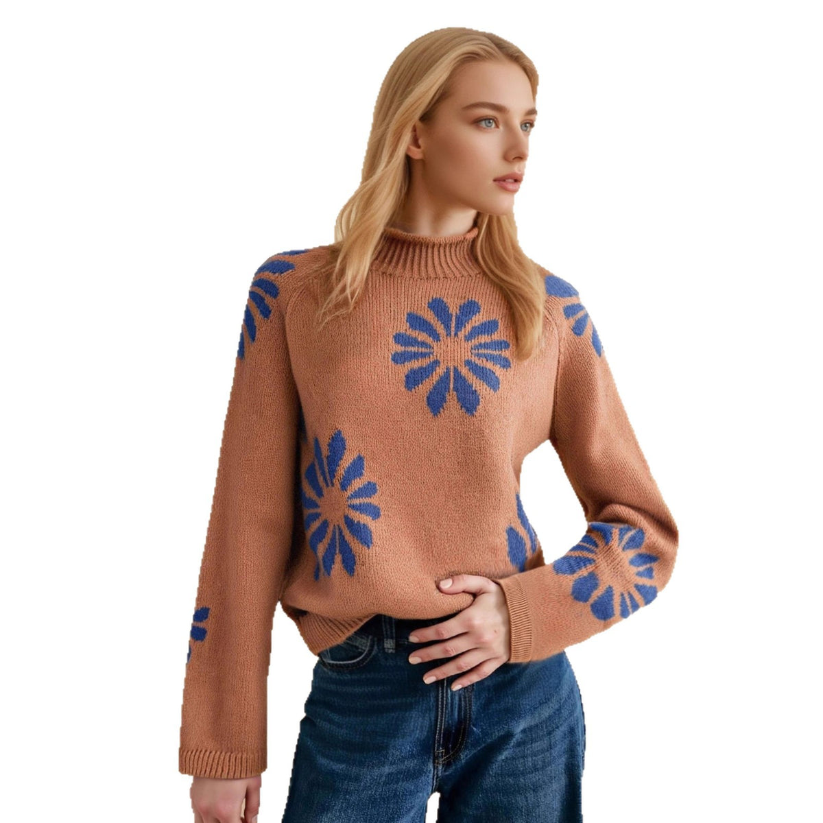 Women's brown round-neck knit sweater, long sleeves, blue flower pattern on front