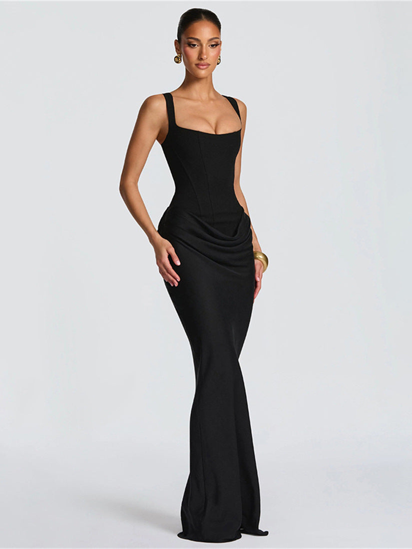 Black spaghetti-strap ruched bodycon maxi dress with draped waist