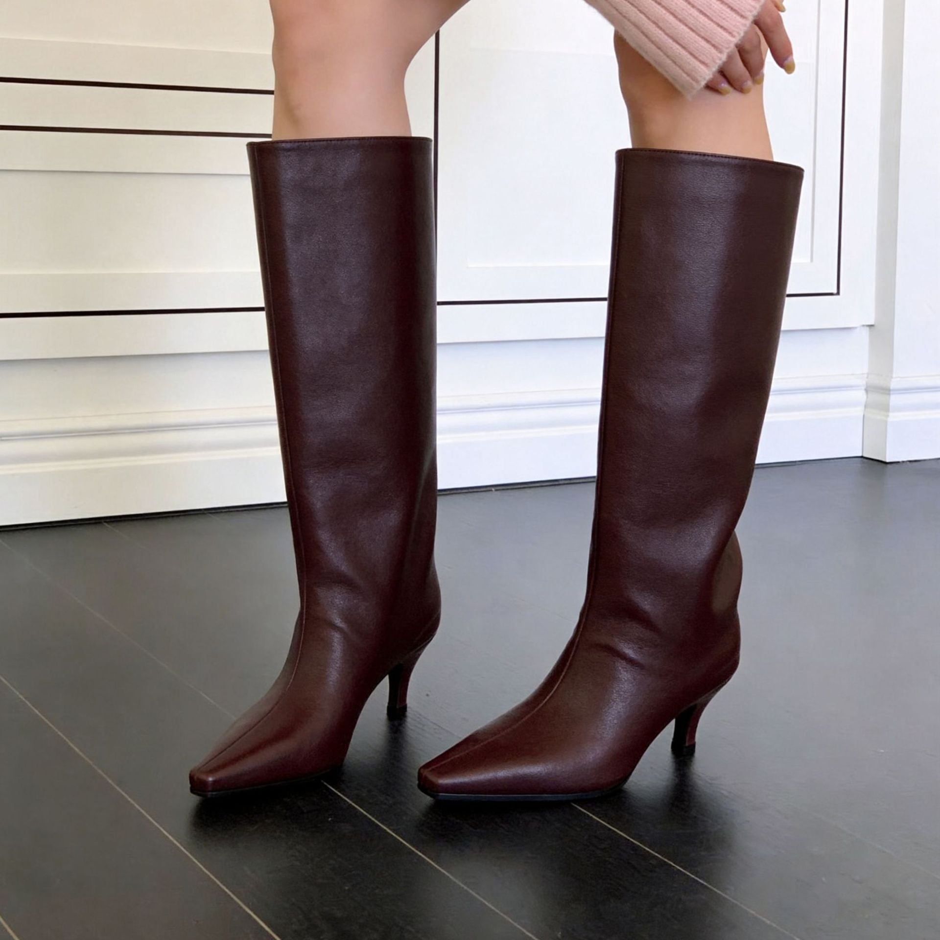 Knee High Boots for Women — Pointed Toe Kitten Heel Style in Faux Leather