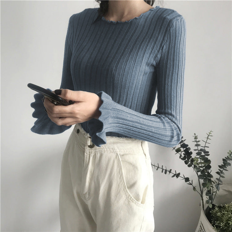 Ribbed Knit Sweater with Flare Sleeves for Women — Fitted Ruffle-Trim Style in Viscose
