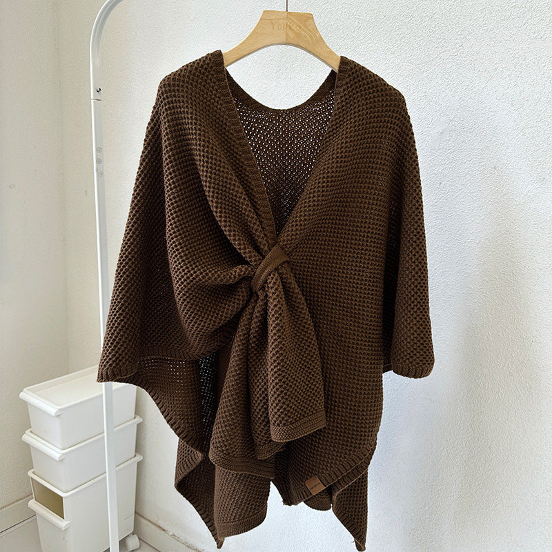 Poncho Shawl Wrap for Women — Open Weave Cape with Twist Front Detail in Soft Knit